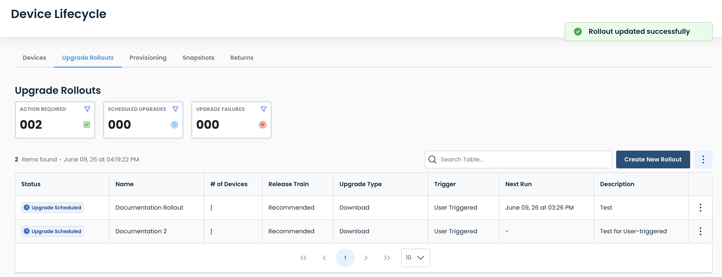 Overview of device upgrade rollouts with action required and scheduled upgrades displayed.